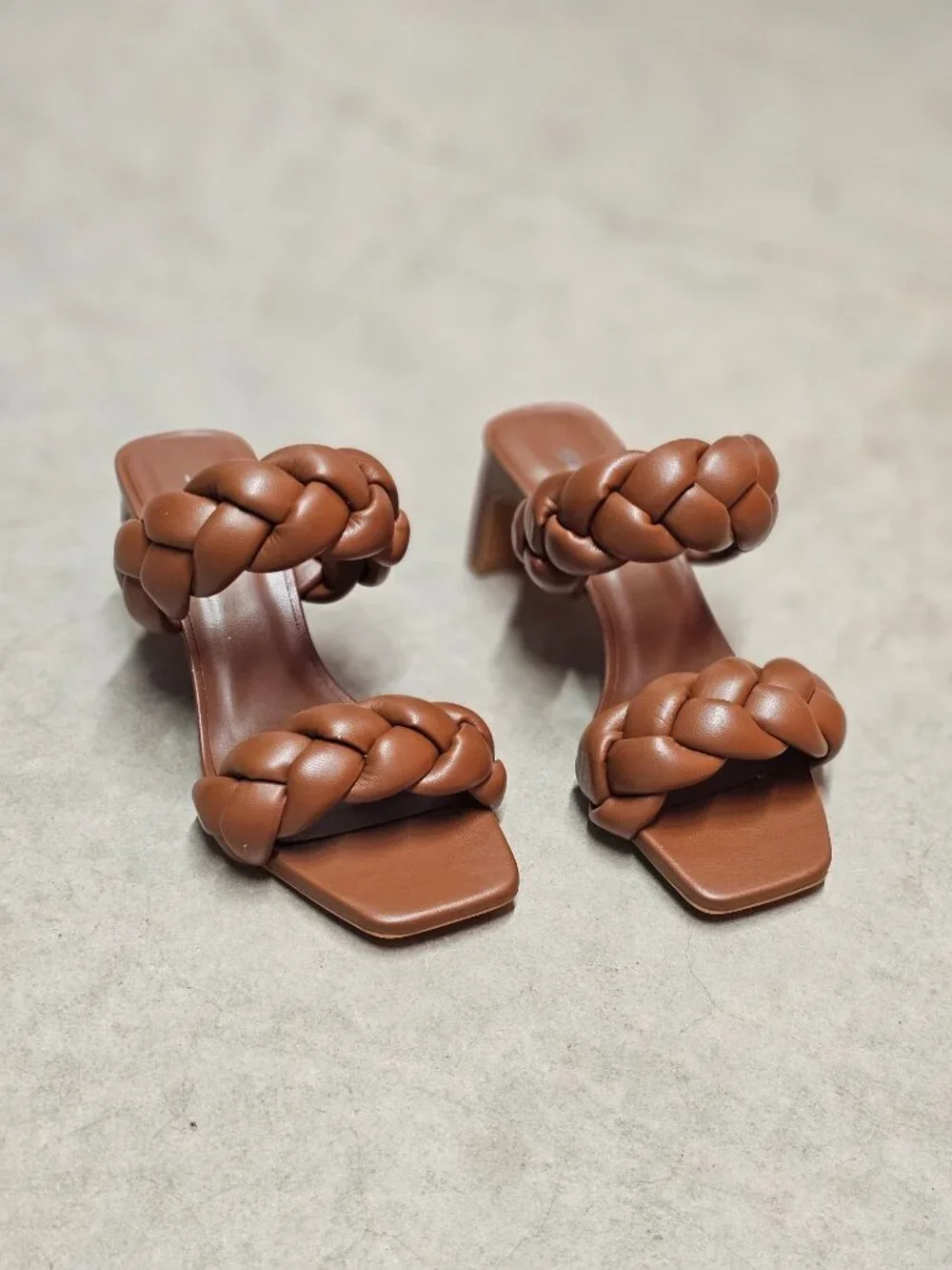 Braided Brown Block Heel Sandals With Square Toe Womens Stylish Open-Toe Slip-On - Picture 4 of 12